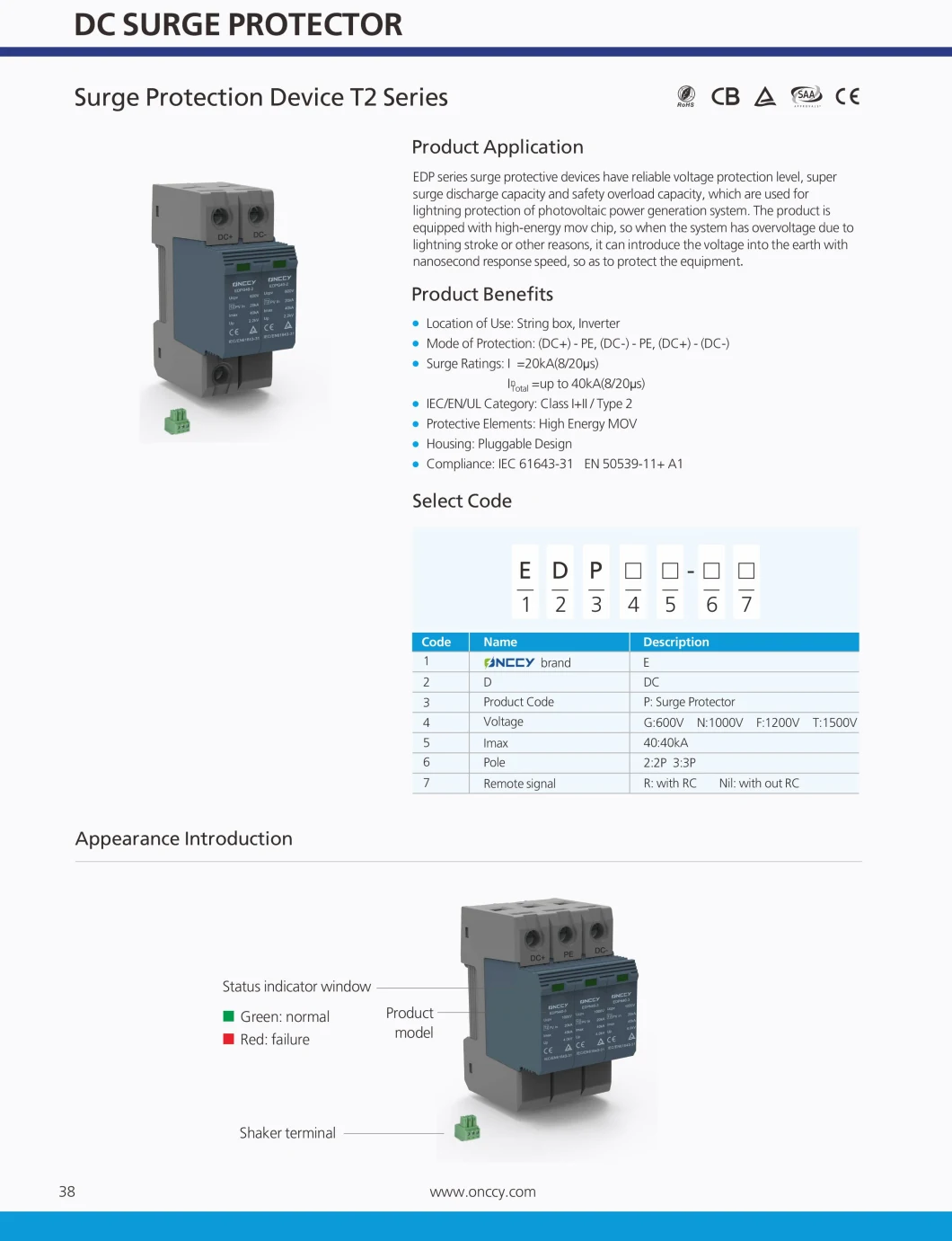 Surge Protector Device Arrester SPD IP20 Thermal Protection Plug Design Overload