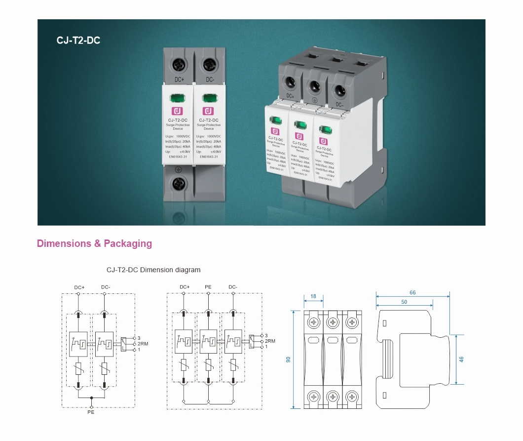 Cj-T2-DC 3p 1500VDC 20-40ka Lightning Surge Protective Device SPD