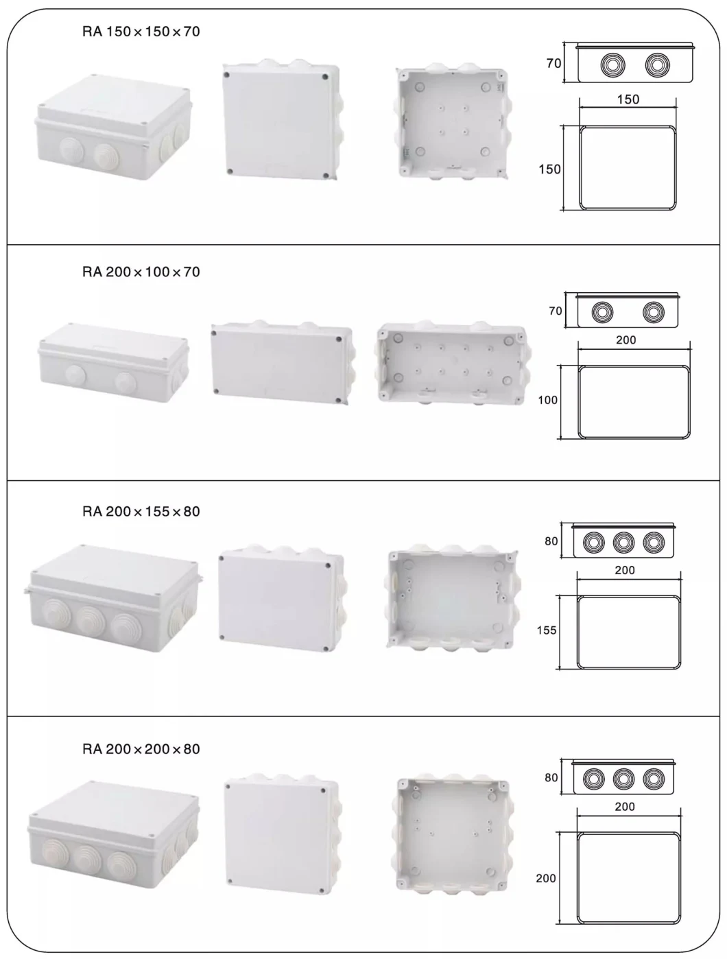 7 Grommets Entry Holes 85X85X50mm 100X100X50mm Mureva Box IP65 Grey ABS Enclosure Surface Mounting IP65 Waterproof Junction Box with Knockouts